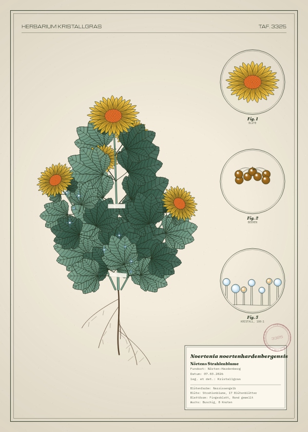 Botanische Tafel: Noertenia noertenhardenbergensis, eine erfundene Pflanze aus Nörten-Hardenberg, gezeichnet wie in einem alten Pflanzenatlas
