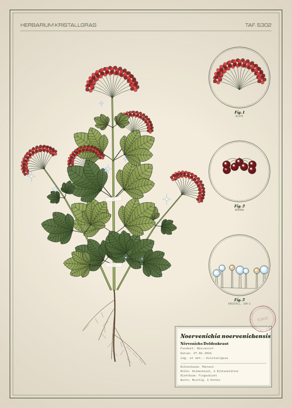 Botanische Tafel: Noervenichia noervenichensis, eine erfundene Pflanze aus Nörvenich, gezeichnet wie in einem alten Pflanzenatlas