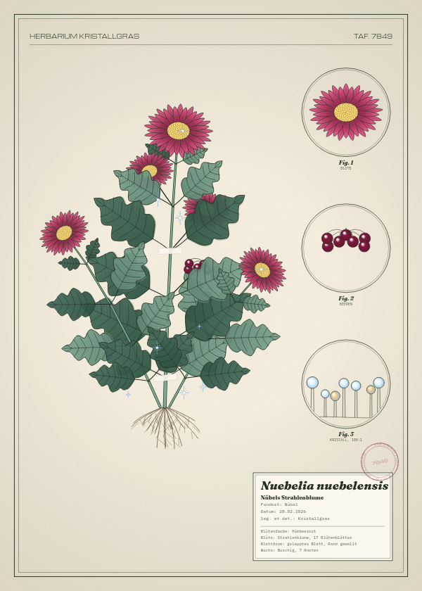 Botanische Tafel: Nuebelia nuebelensis, eine erfundene Pflanze aus Nübel, gezeichnet wie in einem alten Pflanzenatlas
