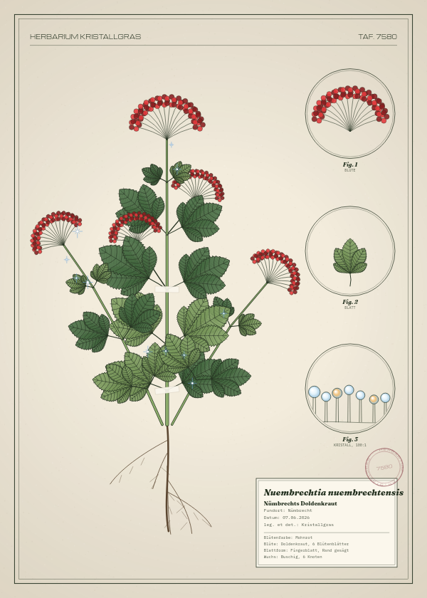 Botanische Tafel: Nuembrechtia nuembrechtensis, eine erfundene Pflanze aus Nümbrecht, gezeichnet wie in einem alten Pflanzenatlas