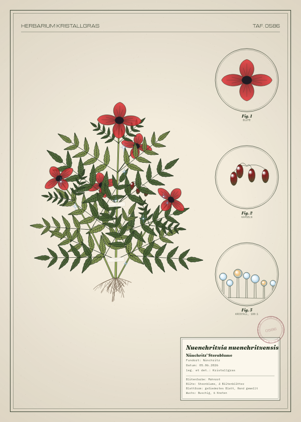 Botanische Tafel: Nuenchritzia nuenchritzensis, eine erfundene Pflanze aus Nünchritz, gezeichnet wie in einem alten Pflanzenatlas
