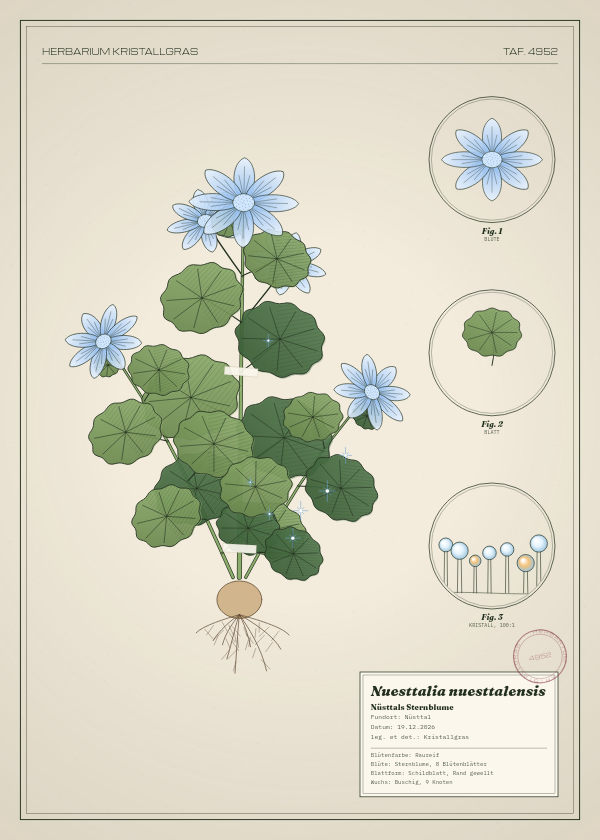Botanische Tafel: Nuesttalia nuesttalensis, eine erfundene Pflanze aus Nüsttal, gezeichnet wie in einem alten Pflanzenatlas