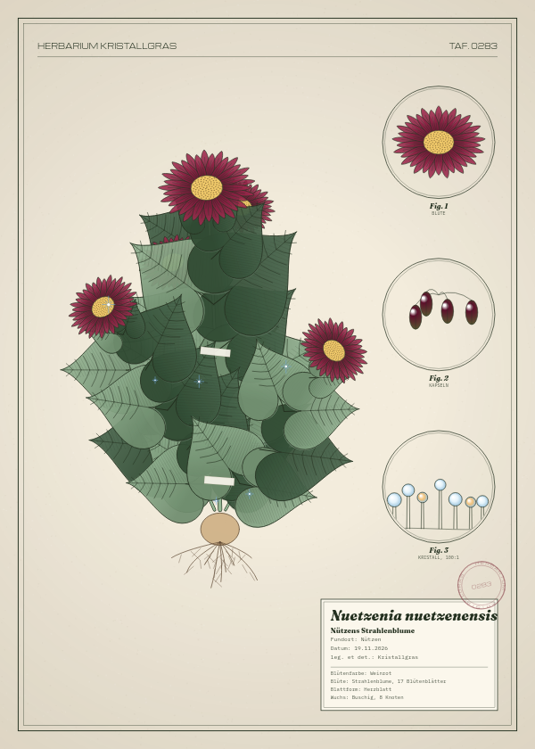 Botanische Tafel: Nuetzenia nuetzenensis, eine erfundene Pflanze aus Nützen, gezeichnet wie in einem alten Pflanzenatlas