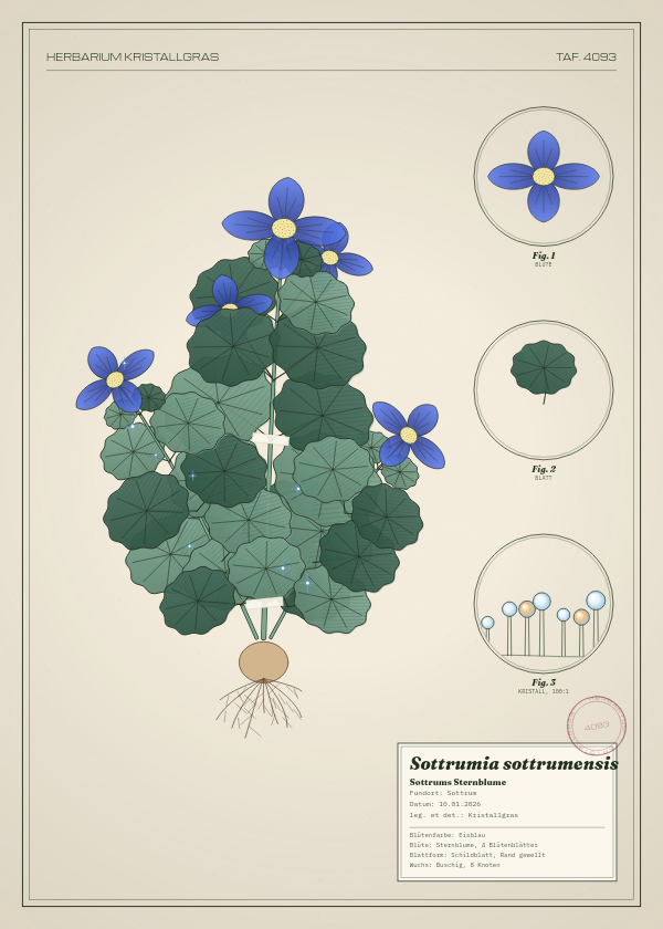 Botanische Tafel: Sottrumia sottrumensis, eine erfundene Pflanze aus Sottrum, gezeichnet wie in einem alten Pflanzenatlas