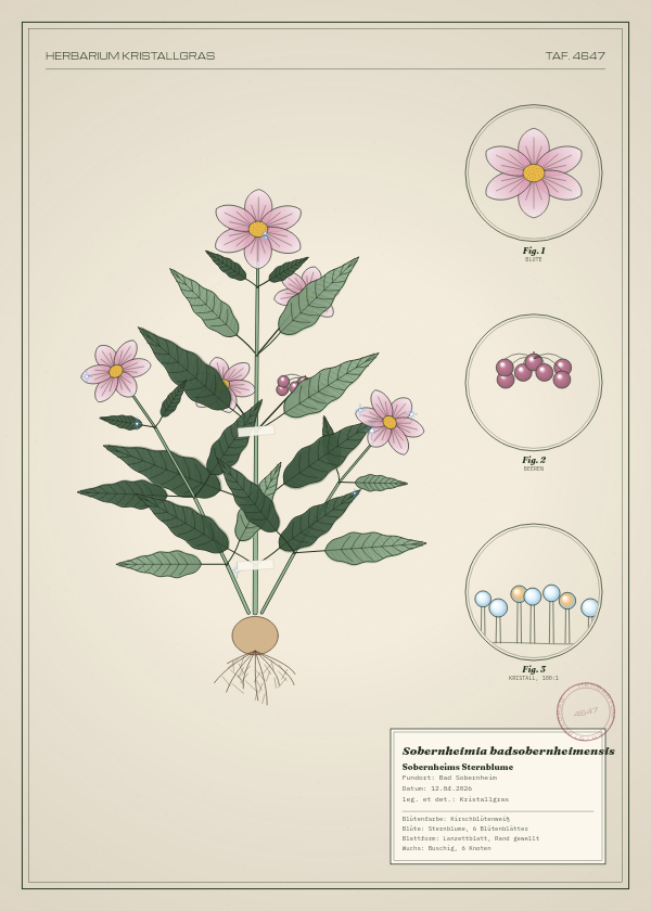 Botanische Tafel: Sobernheimia badsobernheimensis, eine erfundene Pflanze aus Bad Sobernheim, gezeichnet wie in einem alten Pflanzenatlas