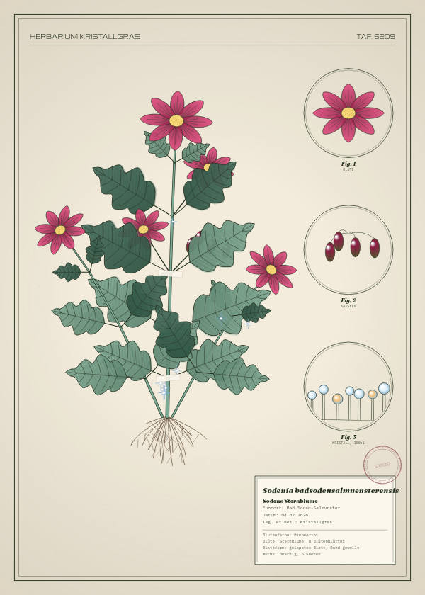 Botanische Tafel: Sodenia badsodensalmuensterensis, eine erfundene Pflanze aus Bad Soden-Salmünster, gezeichnet wie in einem alten Pflanzenatlas