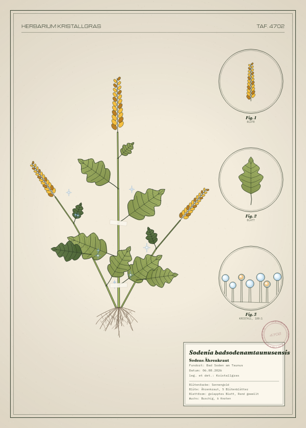 Botanische Tafel: Sodenia badsodenamtaunusensis, eine erfundene Pflanze aus Bad Soden am Taunus, gezeichnet wie in einem alten Pflanzenatlas