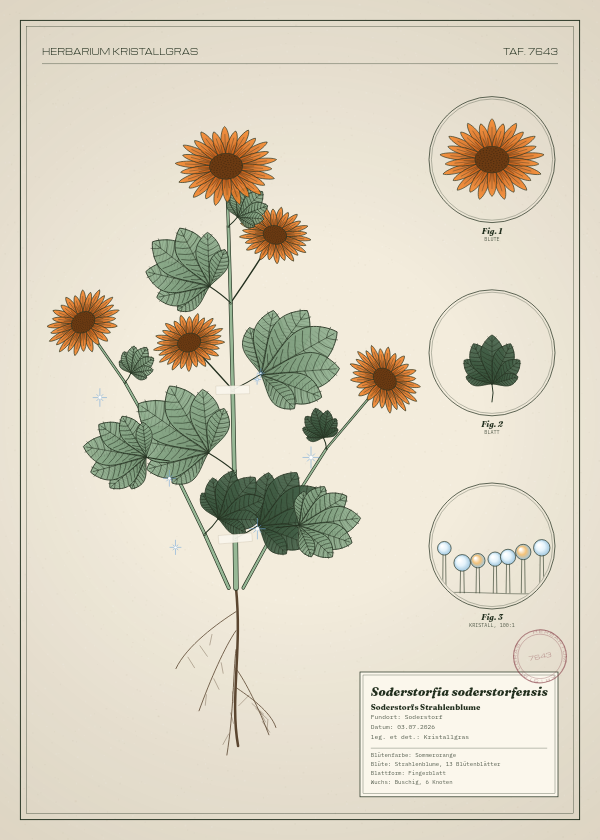 Botanische Tafel: Soderstorfia soderstorfensis, eine erfundene Pflanze aus Soderstorf, gezeichnet wie in einem alten Pflanzenatlas