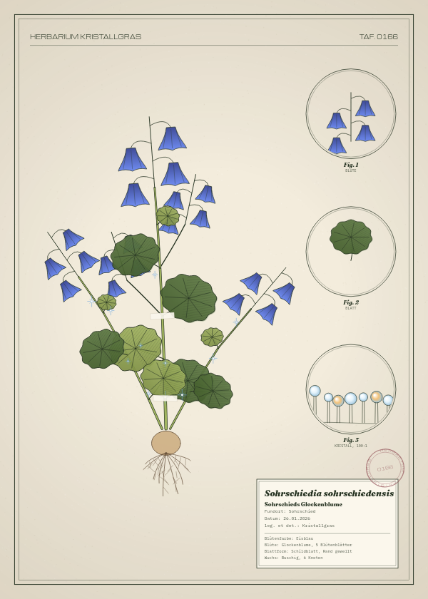 Botanische Tafel: Sohrschiedia sohrschiedensis, eine erfundene Pflanze aus Sohrschied, gezeichnet wie in einem alten Pflanzenatlas