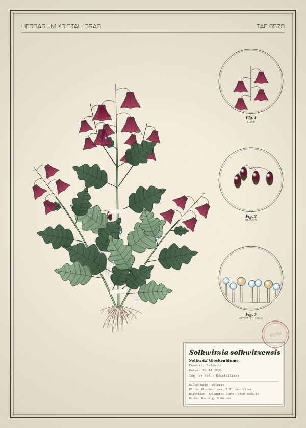 Botanische Tafel: Solkwitzia solkwitzensis, eine erfundene Pflanze aus Solkwitz, gezeichnet wie in einem alten Pflanzenatlas