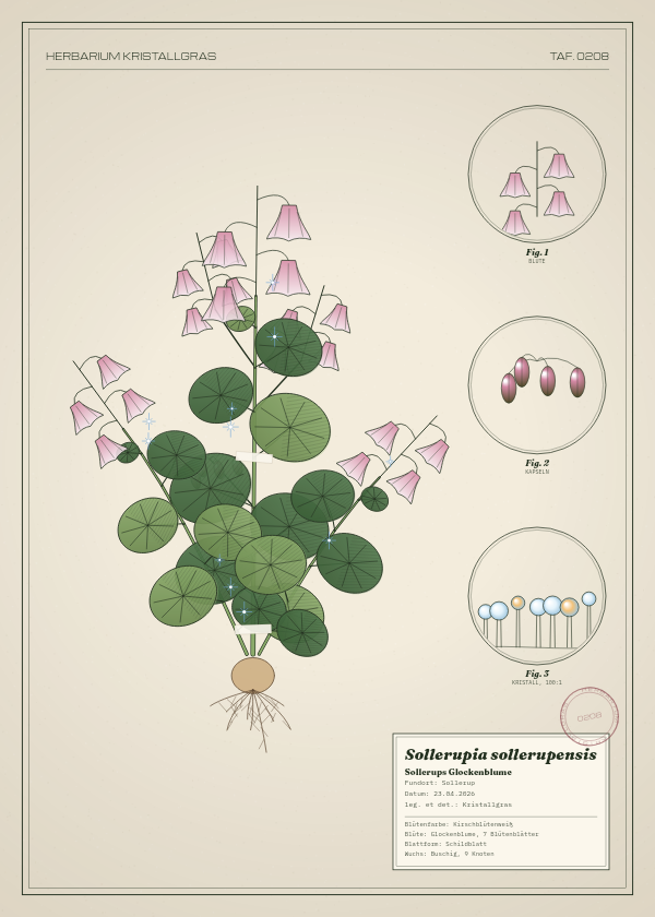 Botanische Tafel: Sollerupia sollerupensis, eine erfundene Pflanze aus Sollerup, gezeichnet wie in einem alten Pflanzenatlas