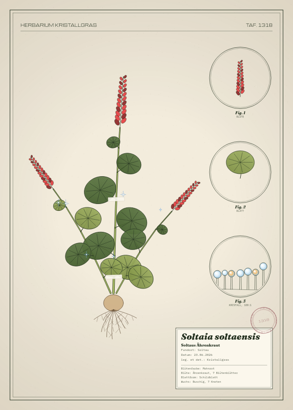 Botanische Tafel: Soltaia soltaensis, eine erfundene Pflanze aus Soltau, gezeichnet wie in einem alten Pflanzenatlas