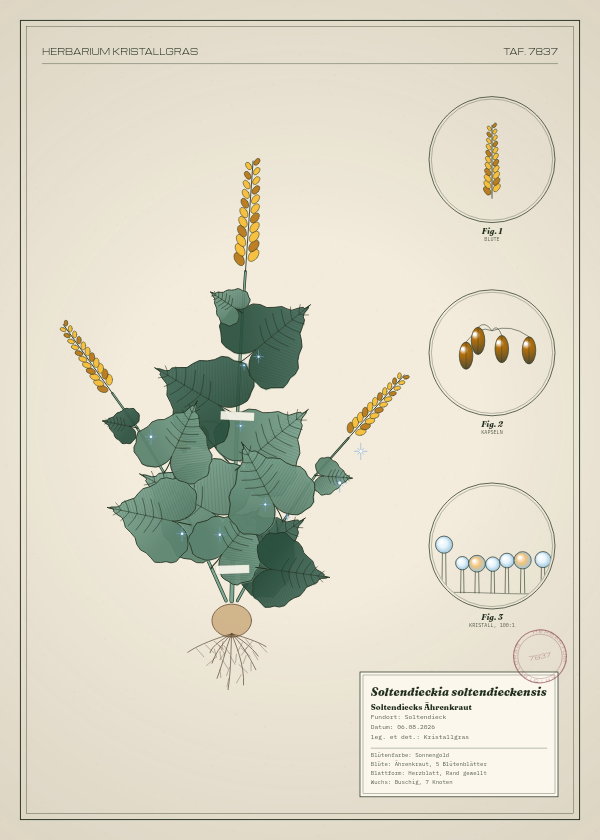 Botanische Tafel: Soltendieckia soltendieckensis, eine erfundene Pflanze aus Soltendieck, gezeichnet wie in einem alten Pflanzenatlas