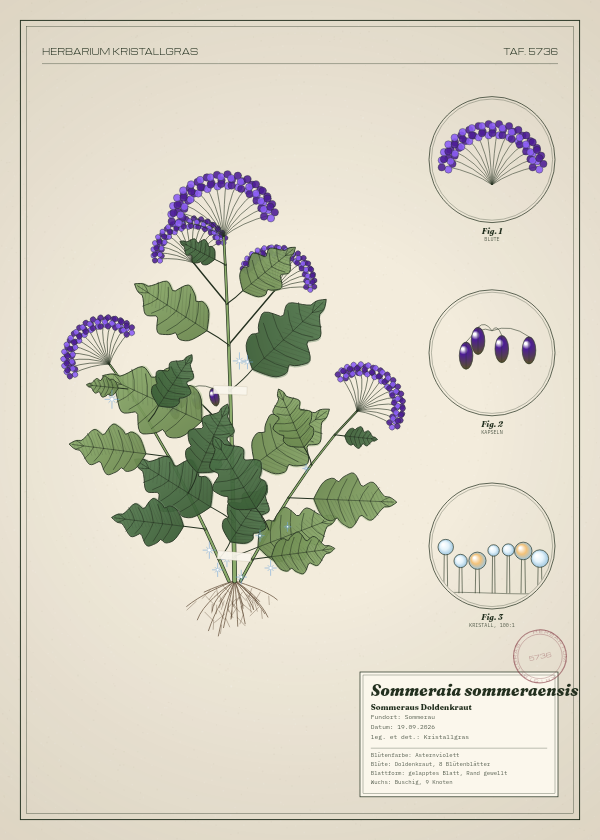 Botanische Tafel: Sommeraia sommeraensis, eine erfundene Pflanze aus Sommerau, gezeichnet wie in einem alten Pflanzenatlas