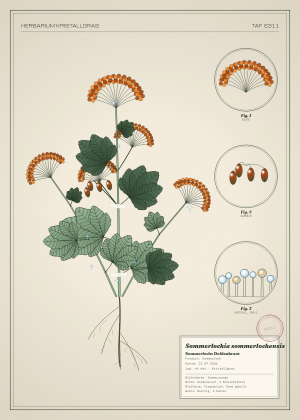 Botanische Tafel: Sommerlochia sommerlochensis, eine erfundene Pflanze aus Sommerloch, gezeichnet wie in einem alten Pflanzenatlas