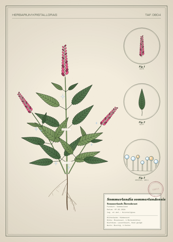 Botanische Tafel: Sommerlandia sommerlandensis, eine erfundene Pflanze aus Sommerland, gezeichnet wie in einem alten Pflanzenatlas