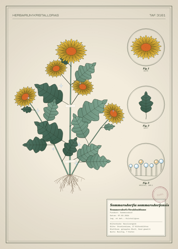 Botanische Tafel: Sommersdorfia sommersdorfensis, eine erfundene Pflanze aus Sommersdorf, gezeichnet wie in einem alten Pflanzenatlas