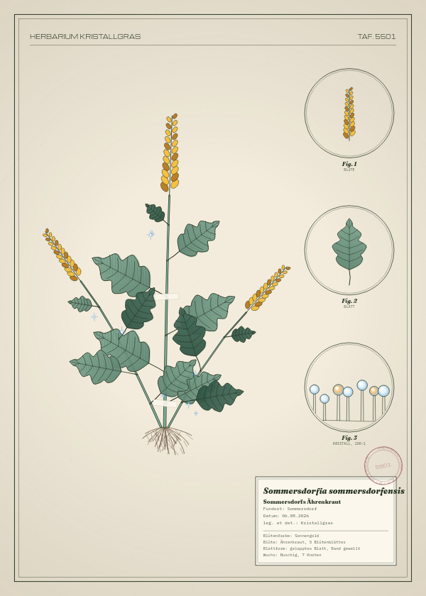 Botanische Tafel: Sommersdorfia sommersdorfensis, eine erfundene Pflanze aus Sommersdorf, gezeichnet wie in einem alten Pflanzenatlas