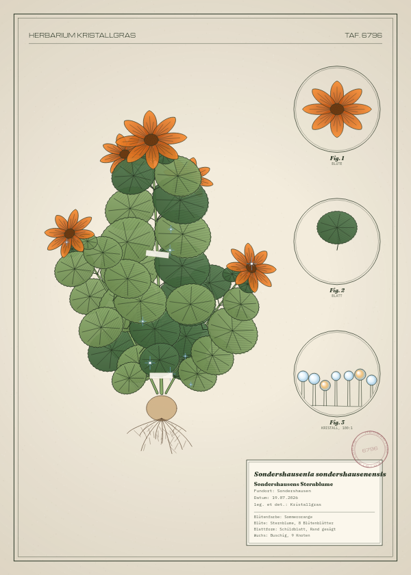 Botanische Tafel: Sondershausenia sondershausenensis, eine erfundene Pflanze aus Sondershausen, gezeichnet wie in einem alten Pflanzenatlas