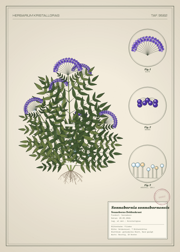 Botanische Tafel: Sonnebornia sonnebornensis, eine erfundene Pflanze aus Sonneborn, gezeichnet wie in einem alten Pflanzenatlas