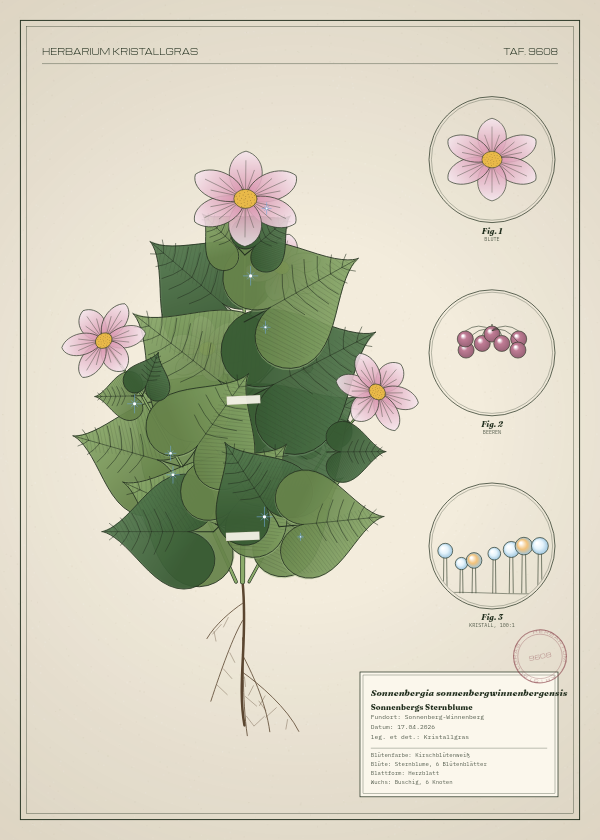 Botanische Tafel: Sonnenbergia sonnenbergwinnenbergensis, eine erfundene Pflanze aus Sonnenberg-Winnenberg, gezeichnet wie in einem alten Pflanzenatlas