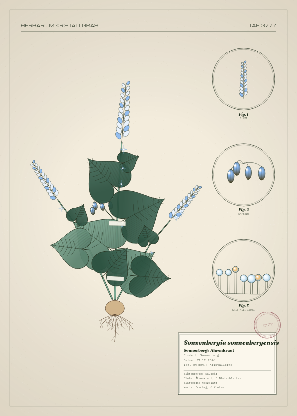Botanische Tafel: Sonnenbergia sonnenbergensis, eine erfundene Pflanze aus Sonnenberg, gezeichnet wie in einem alten Pflanzenatlas