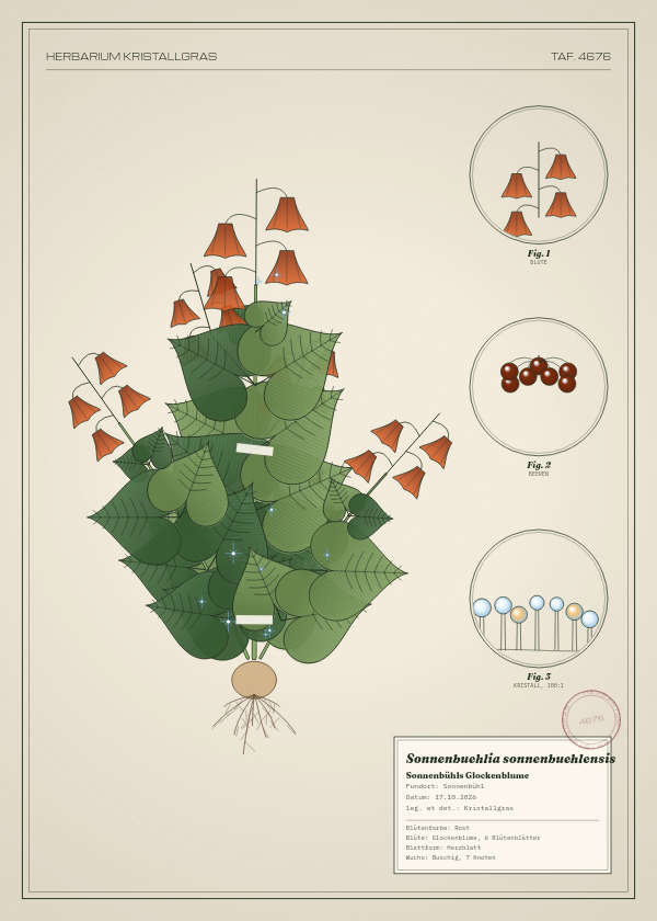 Botanische Tafel: Sonnenbuehlia sonnenbuehlensis, eine erfundene Pflanze aus Sonnenbühl, gezeichnet wie in einem alten Pflanzenatlas