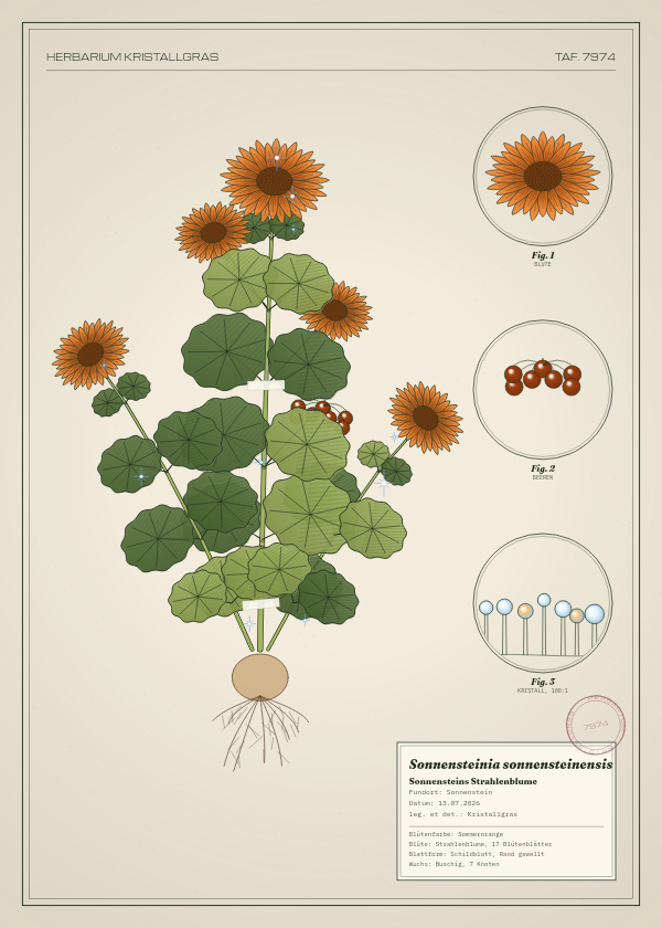 Botanische Tafel: Sonnensteinia sonnensteinensis, eine erfundene Pflanze aus Sonnenstein, gezeichnet wie in einem alten Pflanzenatlas