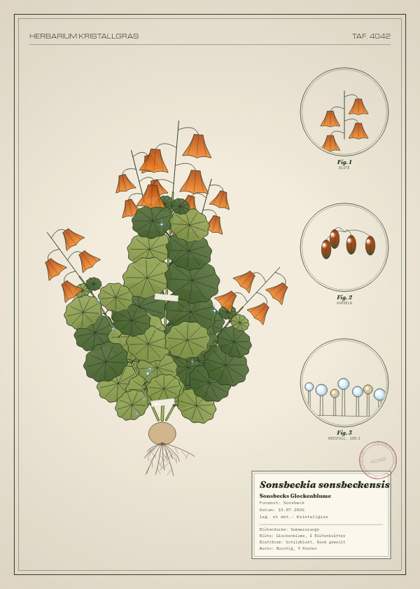 Botanische Tafel: Sonsbeckia sonsbeckensis, eine erfundene Pflanze aus Sonsbeck, gezeichnet wie in einem alten Pflanzenatlas