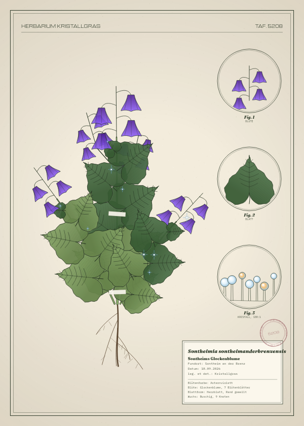 Botanische Tafel: Sontheimia sontheimanderbrenzensis, eine erfundene Pflanze aus Sontheim an der Brenz, gezeichnet wie in einem alten Pflanzenatlas