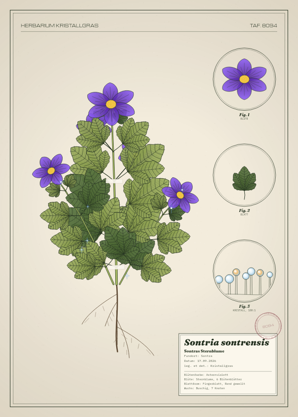 Botanische Tafel: Sontria sontrensis, eine erfundene Pflanze aus Sontra, gezeichnet wie in einem alten Pflanzenatlas