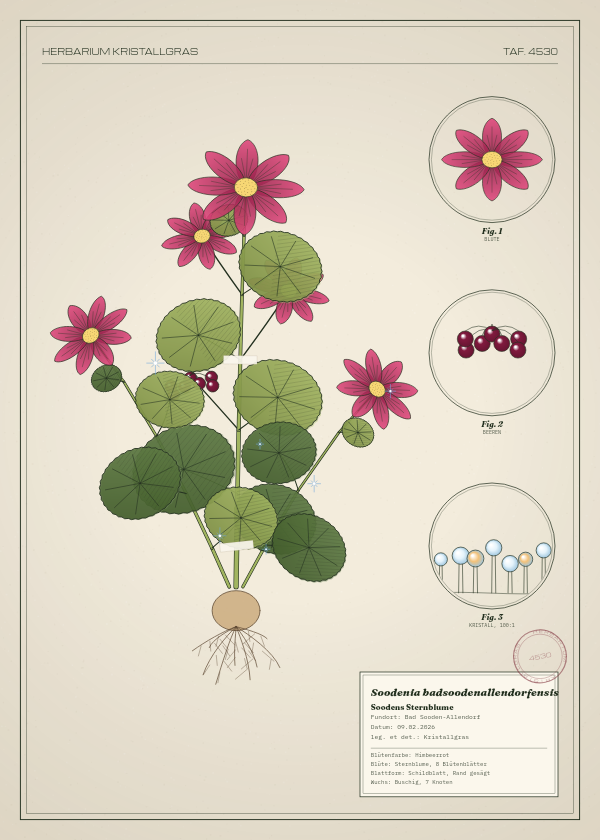 Botanische Tafel: Soodenia badsoodenallendorfensis, eine erfundene Pflanze aus Bad Sooden-Allendorf, gezeichnet wie in einem alten Pflanzenatlas