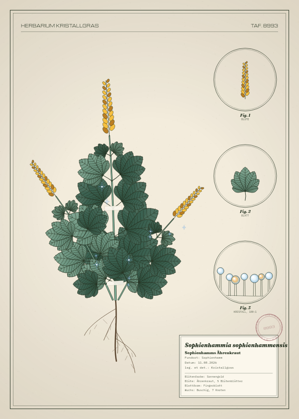 Botanische Tafel: Sophienhammia sophienhammensis, eine erfundene Pflanze aus Sophienhamm, gezeichnet wie in einem alten Pflanzenatlas