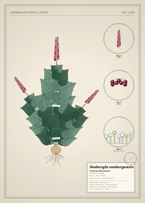 Botanische Tafel: Sosbergia sosbergensis, eine erfundene Pflanze aus Sosberg, gezeichnet wie in einem alten Pflanzenatlas