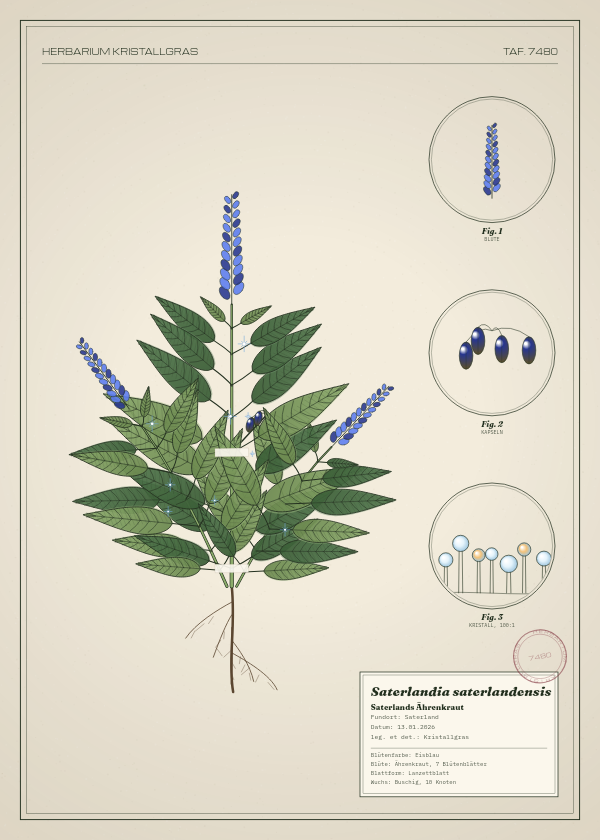 Botanische Tafel: Saterlandia saterlandensis, eine erfundene Pflanze aus Saterland, gezeichnet wie in einem alten Pflanzenatlas