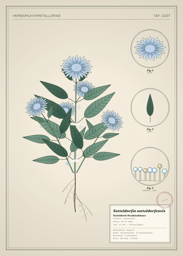 Botanische Tafel: Satteldorfia satteldorfensis, eine erfundene Pflanze aus Satteldorf, gezeichnet wie in einem alten Pflanzenatlas