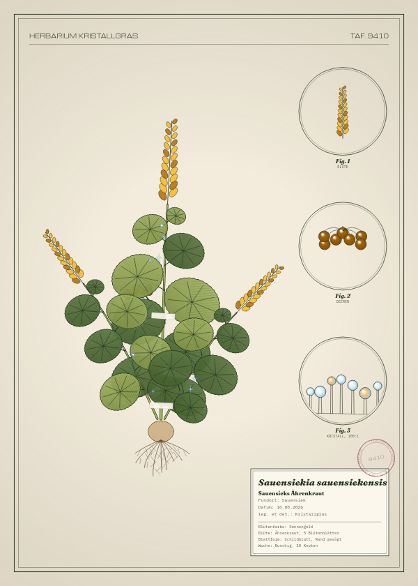 Botanische Tafel: Sauensiekia sauensiekensis, eine erfundene Pflanze aus Sauensiek, gezeichnet wie in einem alten Pflanzenatlas