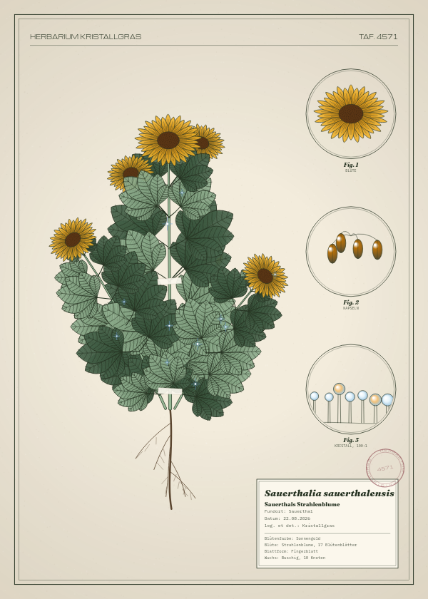 Botanische Tafel: Sauerthalia sauerthalensis, eine erfundene Pflanze aus Sauerthal, gezeichnet wie in einem alten Pflanzenatlas