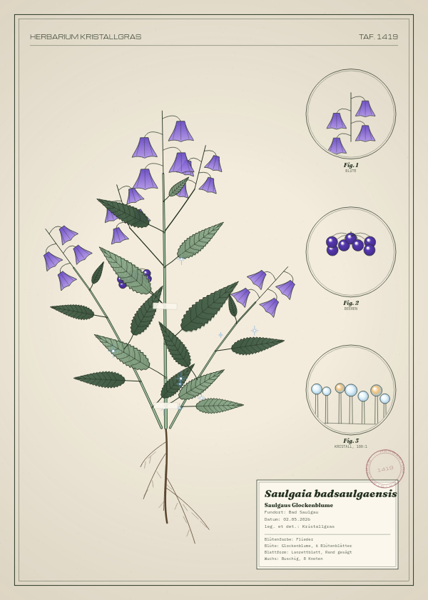 Botanische Tafel: Saulgaia badsaulgaensis, eine erfundene Pflanze aus Bad Saulgau, gezeichnet wie in einem alten Pflanzenatlas