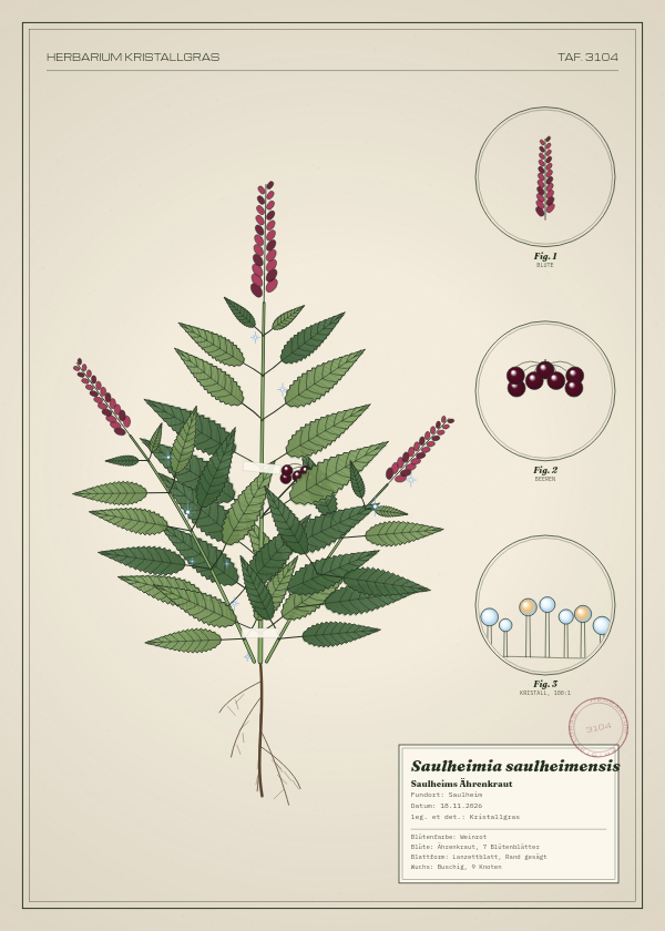 Botanische Tafel: Saulheimia saulheimensis, eine erfundene Pflanze aus Saulheim, gezeichnet wie in einem alten Pflanzenatlas