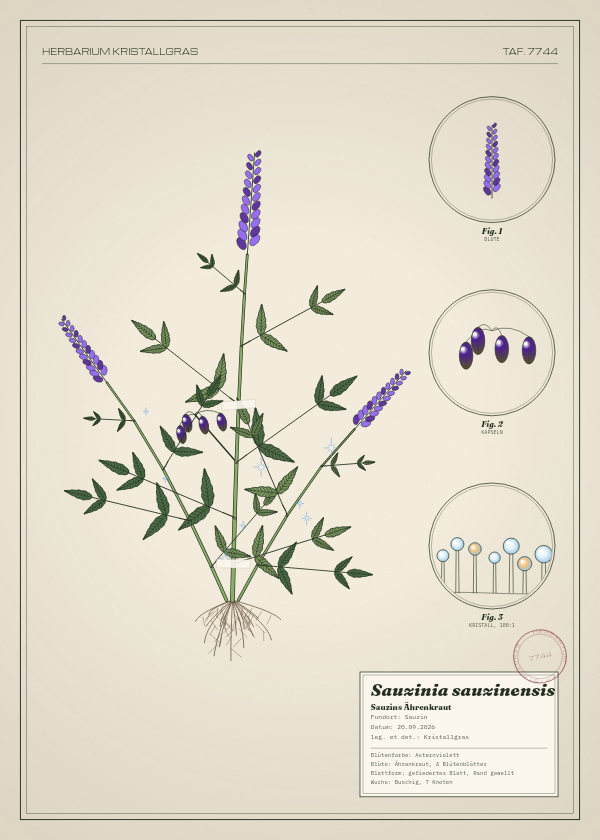 Botanische Tafel: Sauzinia sauzinensis, eine erfundene Pflanze aus Sauzin, gezeichnet wie in einem alten Pflanzenatlas