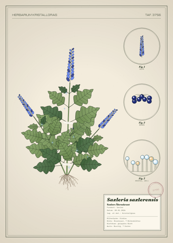 Botanische Tafel: Saxleria saxlerensis, eine erfundene Pflanze aus Saxler, gezeichnet wie in einem alten Pflanzenatlas