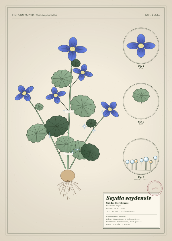 Botanische Tafel: Saydia saydensis, eine erfundene Pflanze aus Sayda, gezeichnet wie in einem alten Pflanzenatlas