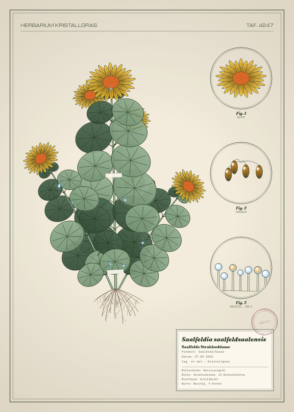 Botanische Tafel: Saalfeldia saalfeldsaalensis, eine erfundene Pflanze aus Saalfeld/Saale, gezeichnet wie in einem alten Pflanzenatlas