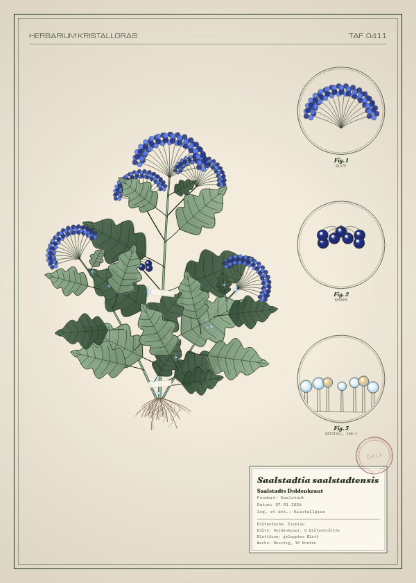 Botanische Tafel: Saalstadtia saalstadtensis, eine erfundene Pflanze aus Saalstadt, gezeichnet wie in einem alten Pflanzenatlas
