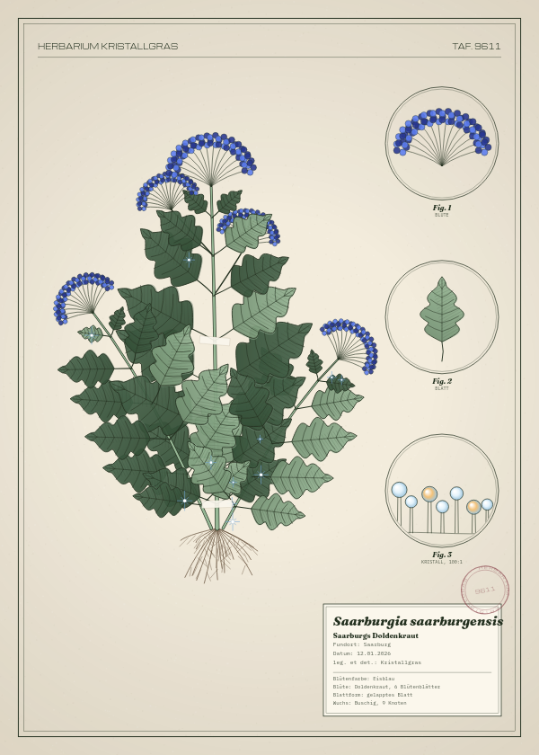 Botanische Tafel: Saarburgia saarburgensis, eine erfundene Pflanze aus Saarburg, gezeichnet wie in einem alten Pflanzenatlas