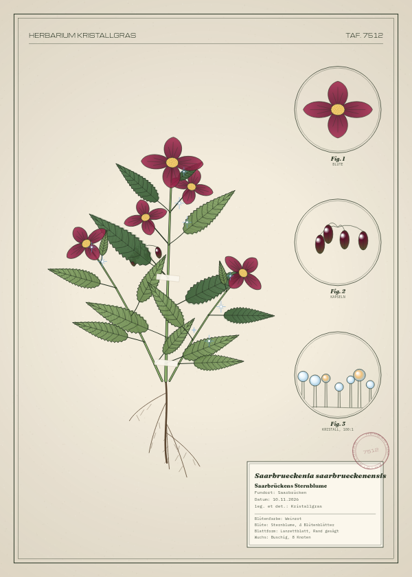 Botanische Tafel: Saarbrueckenia saarbrueckenensis, eine erfundene Pflanze aus Saarbrücken, gezeichnet wie in einem alten Pflanzenatlas