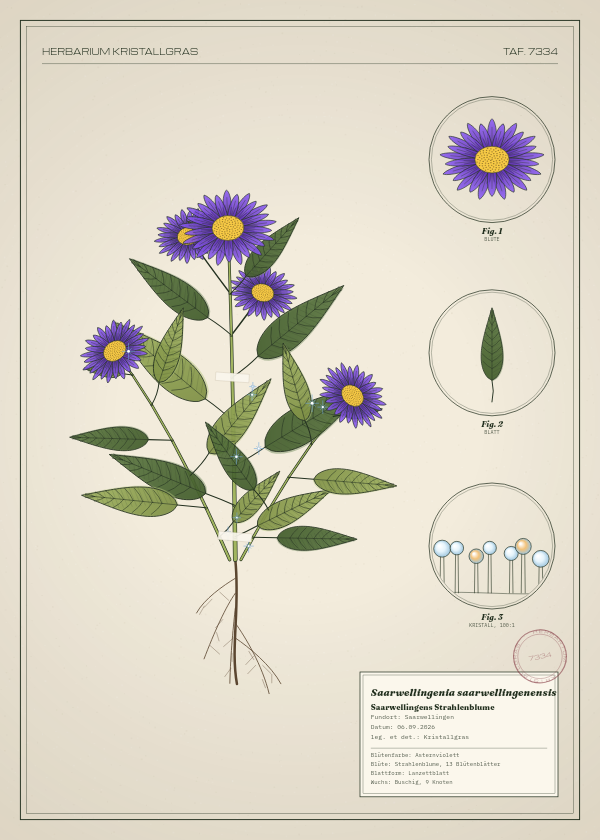 Botanische Tafel: Saarwellingenia saarwellingenensis, eine erfundene Pflanze aus Saarwellingen, gezeichnet wie in einem alten Pflanzenatlas