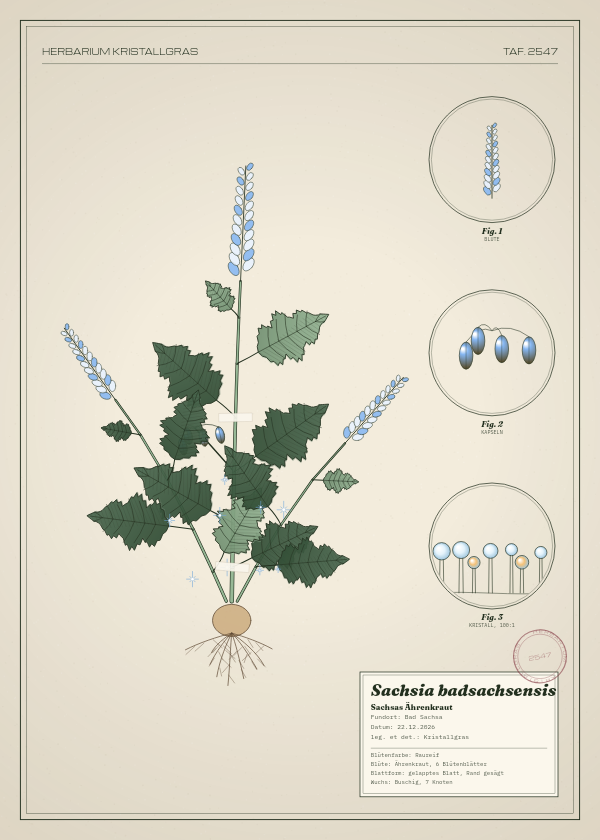 Botanische Tafel: Sachsia badsachsensis, eine erfundene Pflanze aus Bad Sachsa, gezeichnet wie in einem alten Pflanzenatlas