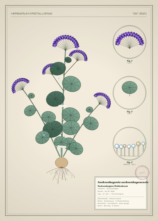 Botanische Tafel: Sachsenhagenia sachsenhagenensis, eine erfundene Pflanze aus Sachsenhagen, gezeichnet wie in einem alten Pflanzenatlas